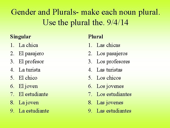 Gender and Plurals- make each noun plural. Use the plural the. 9/4/14 Singular Plural