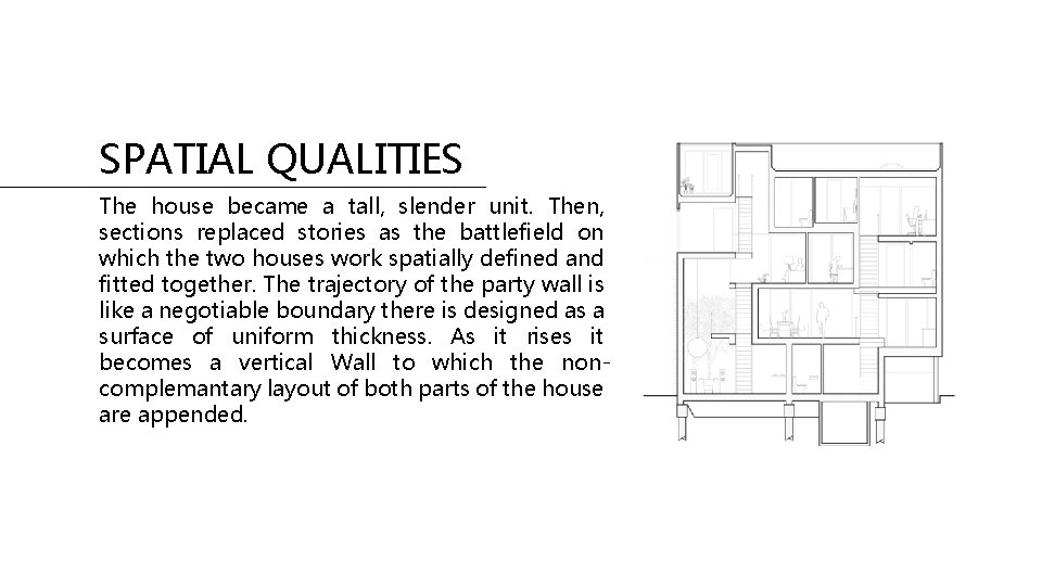 SPATIAL QUALITIES The house became a tall, slender unit. Then, sections replaced stories as