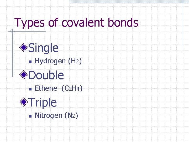Types of covalent bonds Single n Hydrogen (H 2) Double n Ethene (C 2