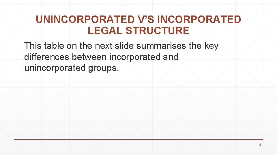 UNINCORPORATED V’S INCORPORATED LEGAL STRUCTURE This table on the next slide summarises the key