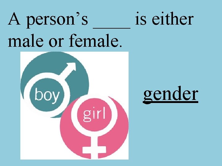 A person’s ____ is either male or female. gender 