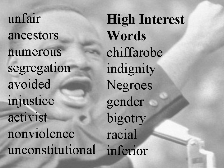 unfair ancestors numerous segregation avoided injustice activist nonviolence unconstitutional High Interest Words chiffarobe indignity