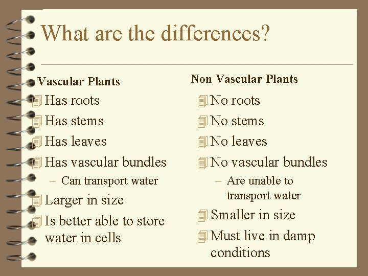 What are the differences? Vascular Plants Non Vascular Plants 4 Has roots 4 No