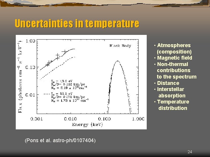 Uncertainties in temperature • Atmospheres (composition) • Magnetic field • Non-thermal contributions to the