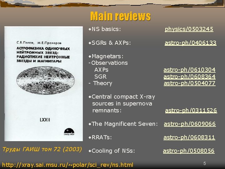 Main reviews Труды ГАИШ том 72 (2003) • NS basics: physics/0503245 • SGRs &