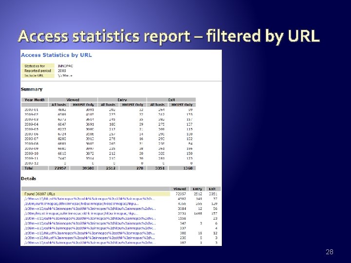 Access statistics report – filtered by URL 28 