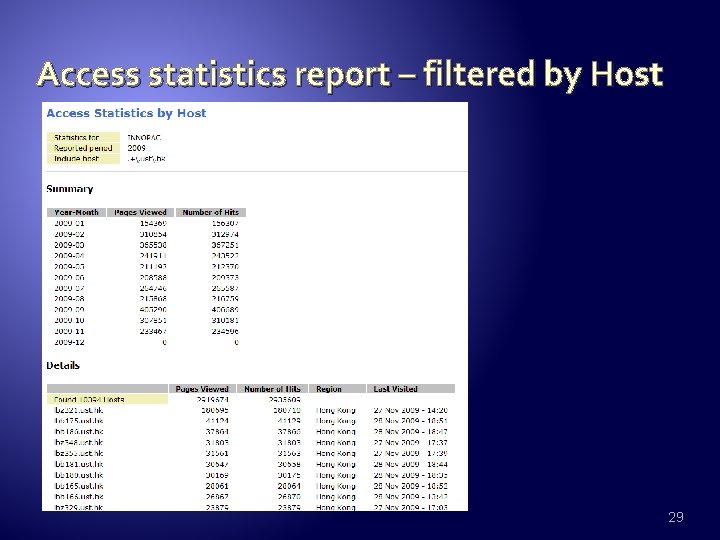 Access statistics report – filtered by Host 29 