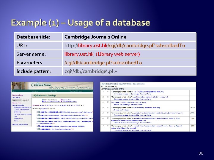 Example (1) – Usage of a database Database title: Cambridge Journals Online URL: http: