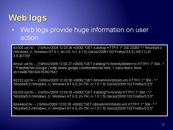 Web logs • Web logs provide huge information on user action lbz 000. ust.