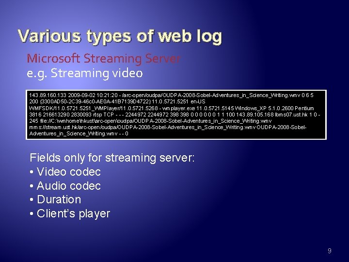 Various types of web log Microsoft Streaming Server e. g. Streaming video 143. 89.