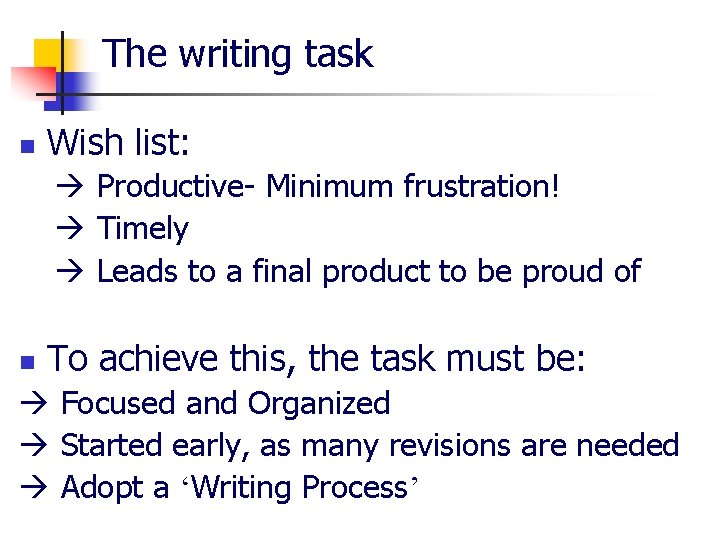 The writing task n Wish list: Productive- Minimum frustration! Timely Leads to a final