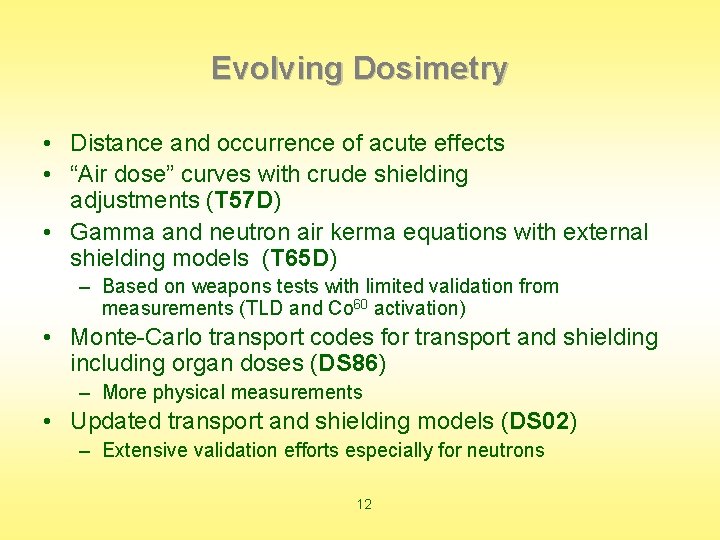 Evolving Dosimetry • Distance and occurrence of acute effects • “Air dose” curves with