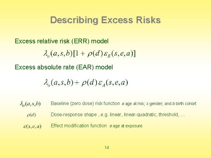 Describing Excess Risks Excess relative risk (ERR) model Excess absolute rate (EAR) model Baseline