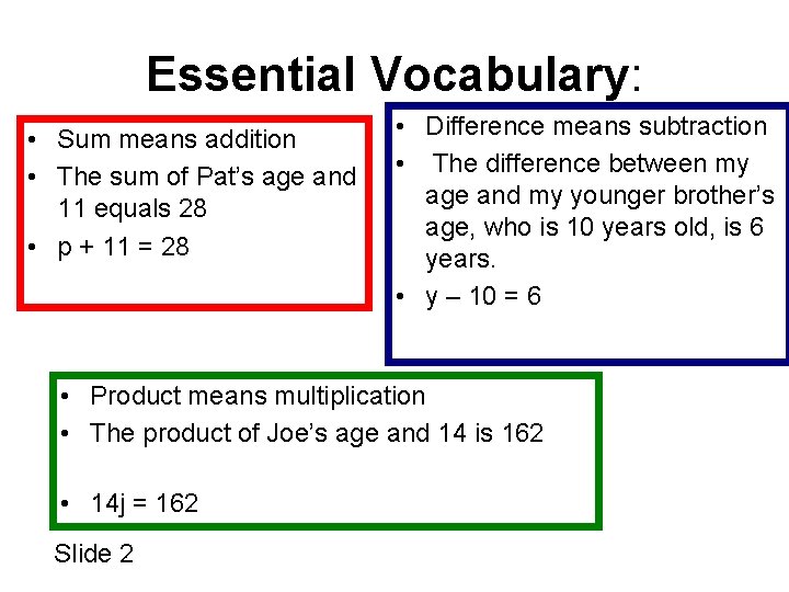 Essential Vocabulary: • Sum means addition • The sum of Pat’s age and 11