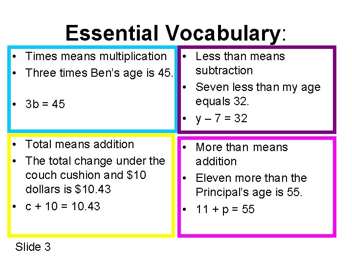 Essential Vocabulary: • Times means multiplication • Less than means subtraction • Three times