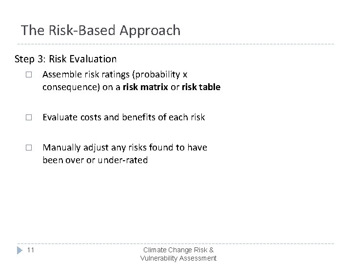 The Risk-Based Approach Step 3: Risk Evaluation � Assemble risk ratings (probability x consequence)