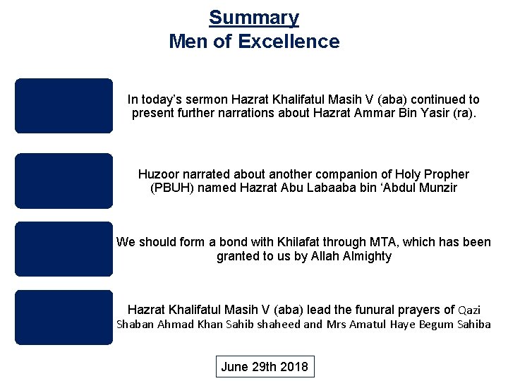 Summary Men of Excellence In today’s sermon Hazrat Khalifatul Masih V (aba) continued to