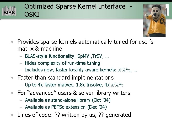 BIPS Optimized Sparse Kernel Interface OSKI • Provides sparse kernels automatically tuned for user’s