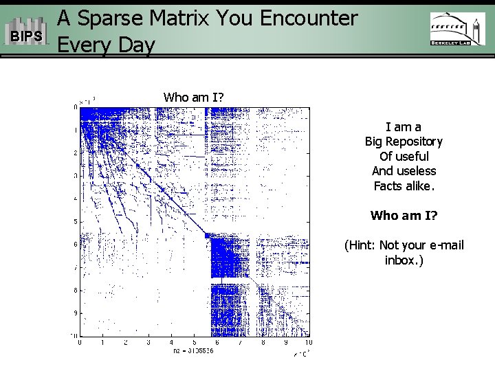 BIPS A Sparse Matrix You Encounter Every Day Who am I? I am a