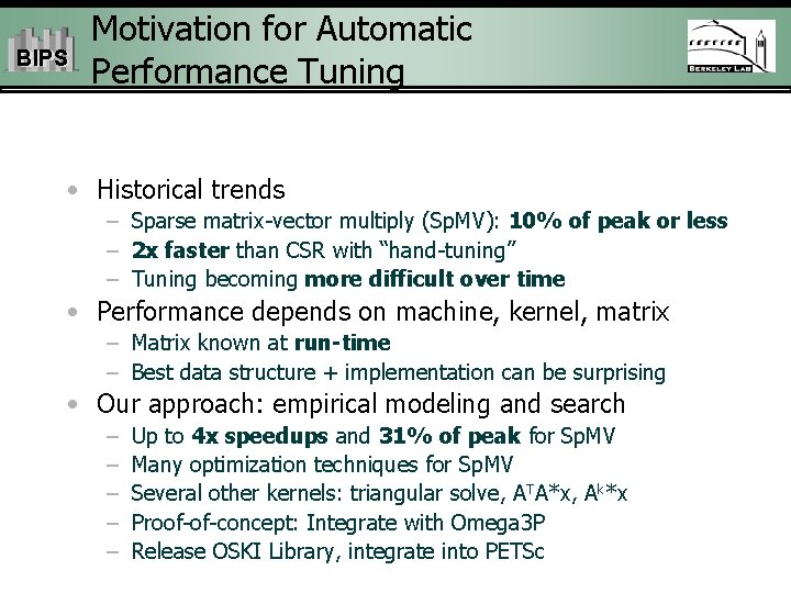 BIPS Motivation for Automatic Performance Tuning • Historical trends – Sparse matrix-vector multiply (Sp.