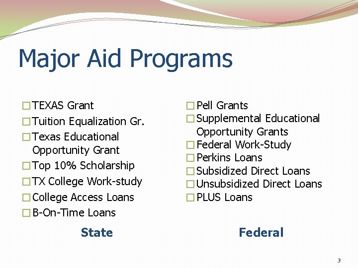 Major Aid Programs �TEXAS Grant �Tuition Equalization Gr. �Texas Educational Opportunity Grant �Top 10%