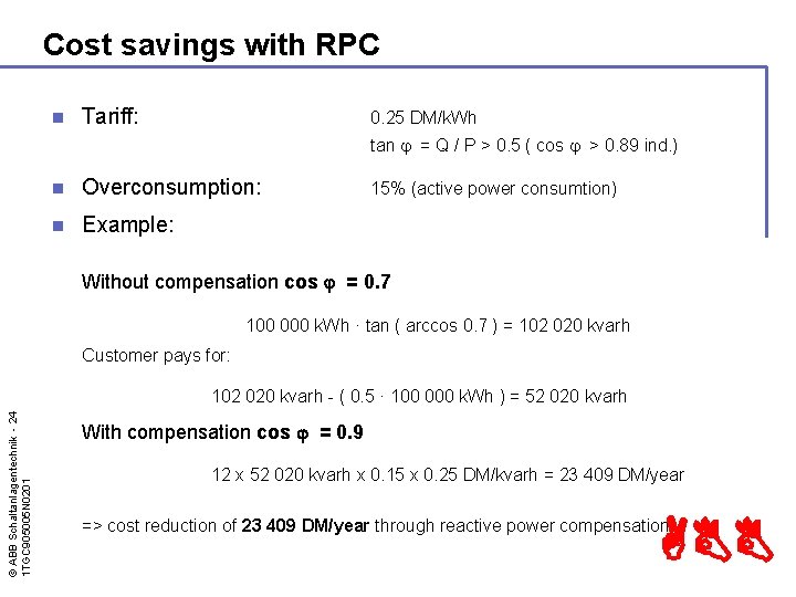 Cost savings with RPC n Tariff: 0. 25 DM/k. Wh tan = Q /