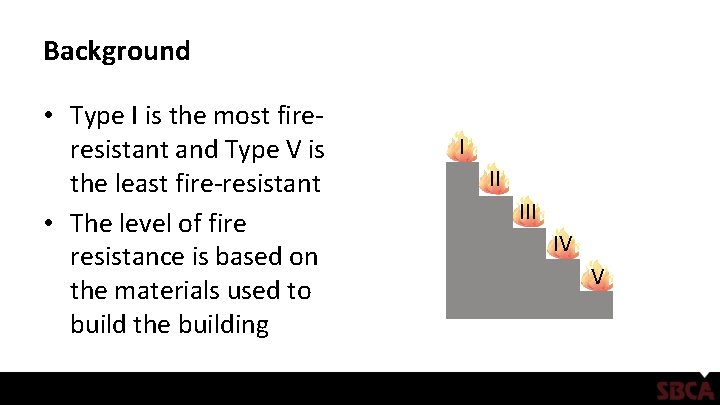Background • Type I is the most fireresistant and Type V is the least Background • Type I is the most fireresistant and Type V is the least