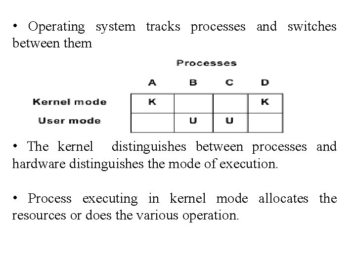  • Operating system tracks processes and switches between them • The kernel distinguishes