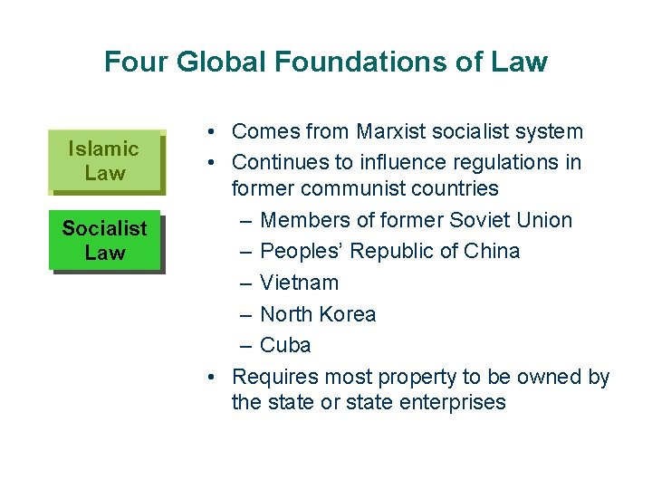 Four Global Foundations of Law Islamic Law Socialist Law • Comes from Marxist socialist