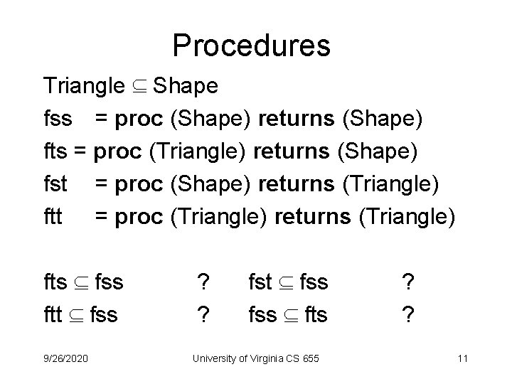 Procedures Triangle Shape fss = proc (Shape) returns (Shape) fts = proc (Triangle) returns