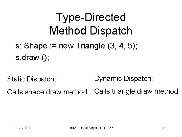 Type-Directed Method Dispatch s: Shape : = new Triangle (3, 4, 5); s. draw