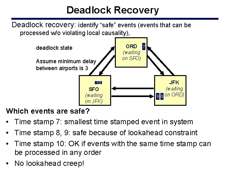 Deadlock Recovery Deadlock recovery: identify “safe” events (events that can be processed w/o violating