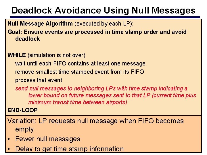 Deadlock Avoidance Using Null Messages Null Message Algorithm (executed by each LP): Goal: Ensure