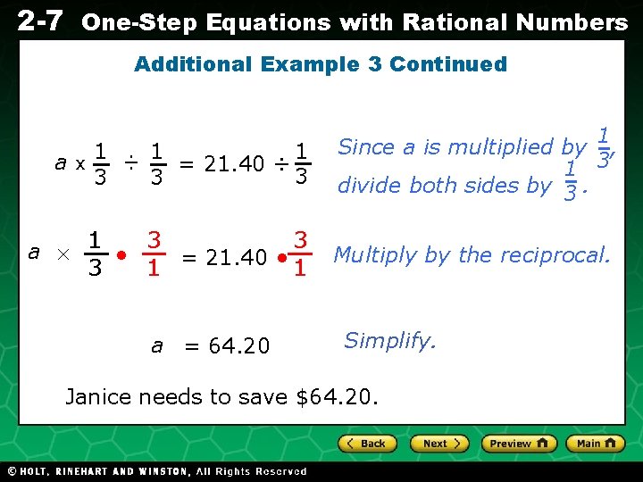 2 -7 One-Step Equations with Rational Numbers Additional Example 3 Continued Evaluating Algebraic Expressions