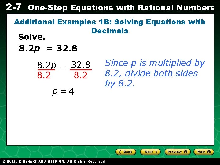 2 -7 One-Step Equations with Rational Numbers Additional Examples 1 B: Solving Equations with