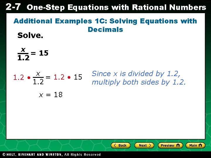 2 -7 One-Step Equations with Rational Numbers Additional Examples 1 C: Solving Equations with