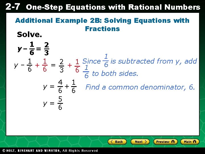 2 -7 One-Step Equations with Rational Numbers Additional Example 2 B: Solving Equations with