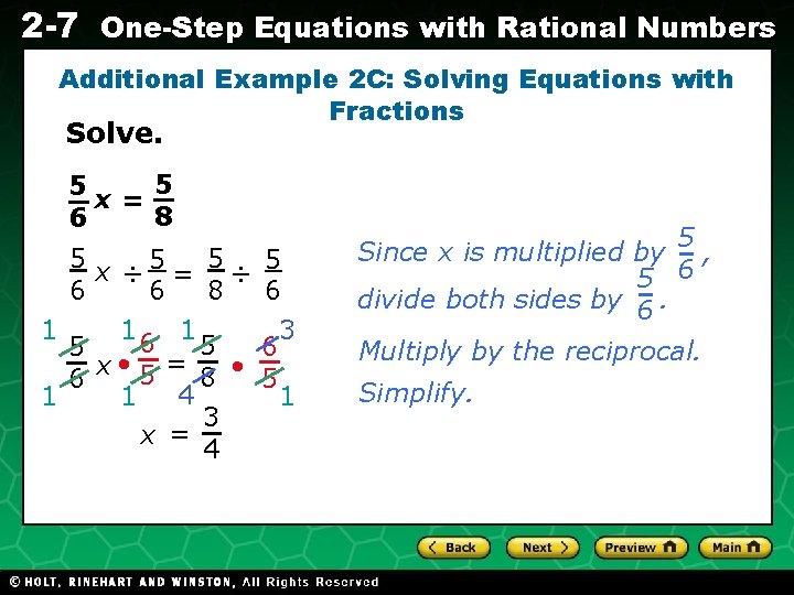 2 -7 One-Step Equations with Rational Numbers Additional Example 2 C: Solving Equations with