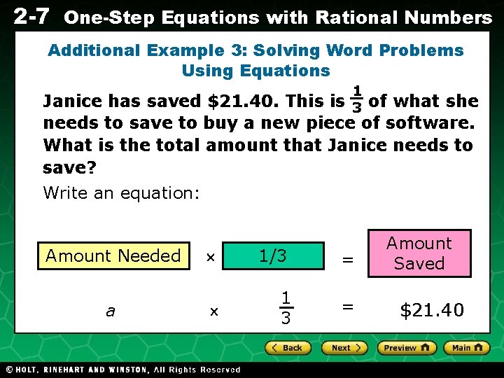 2 -7 One-Step Equations with Rational Numbers Additional Example 3: Solving Word Problems Using