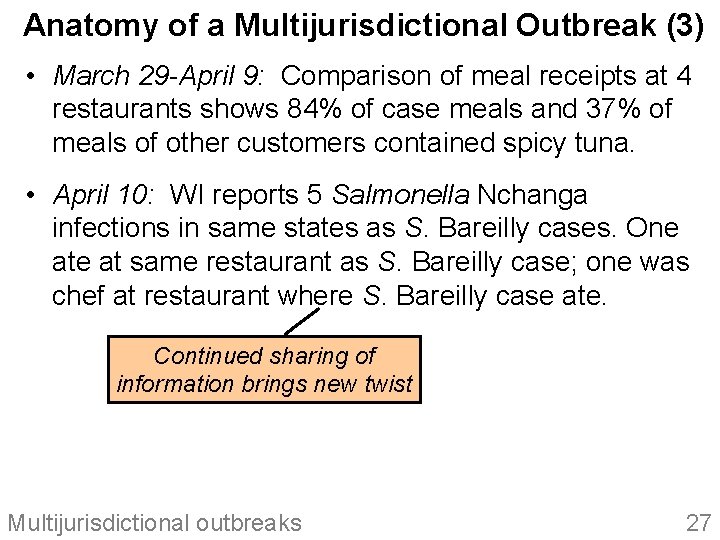 Anatomy of a Multijurisdictional Outbreak (3) • March 29 -April 9: Comparison of meal