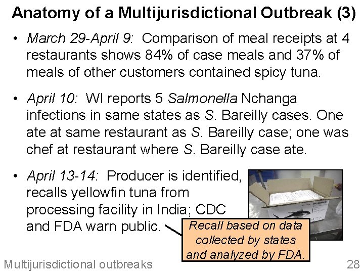 Anatomy of a Multijurisdictional Outbreak (3) • March 29 -April 9: Comparison of meal