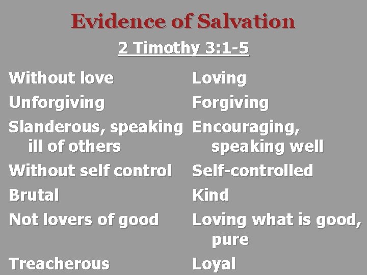Evidence of Salvation 2 Timothy 3: 1 -5 Without love Unforgiving Slanderous, speaking ill