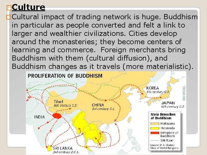 �Culture � Cultural impact of trading network is huge. Buddhism in particular as people