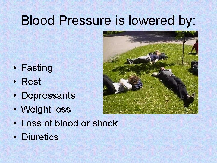 Blood Pressure is lowered by: • • • Fasting Rest Depressants Weight loss Loss