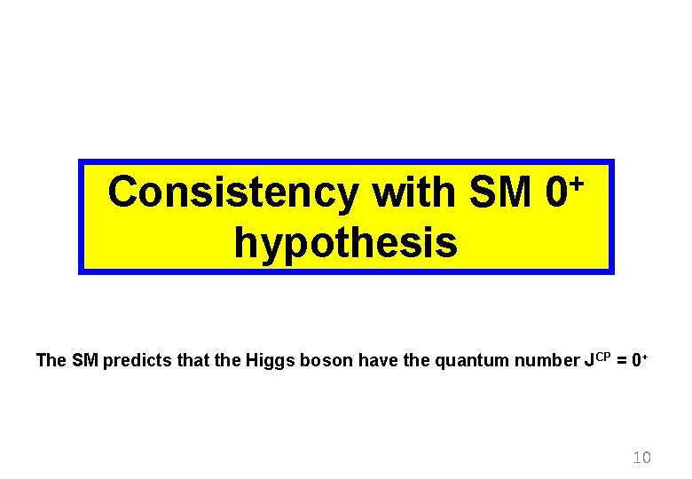 Consistency with SM hypothesis + 0 The SM predicts that the Higgs boson have