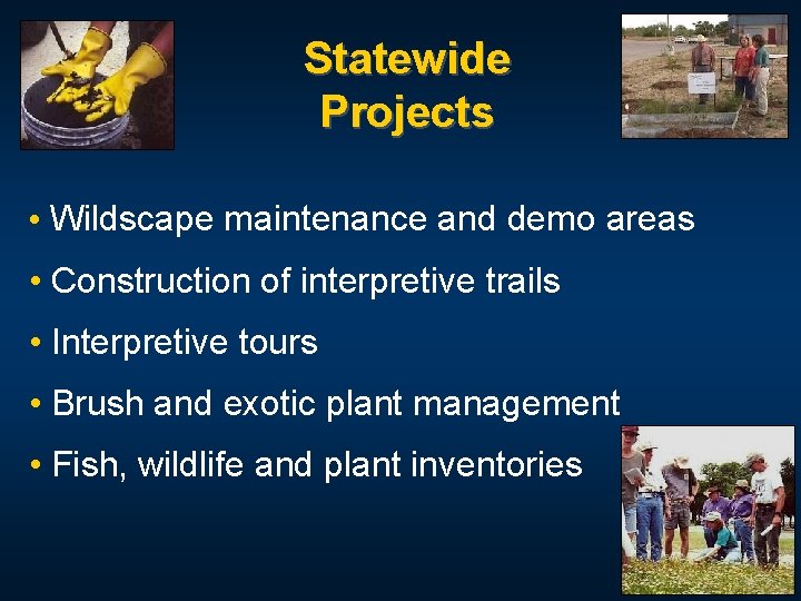 Statewide Projects • Wildscape maintenance and demo areas • Construction of interpretive trails •