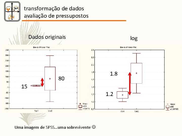 transformação de dados avaliação de pressupostos Dados originais 80 log 1. 8 15 1.