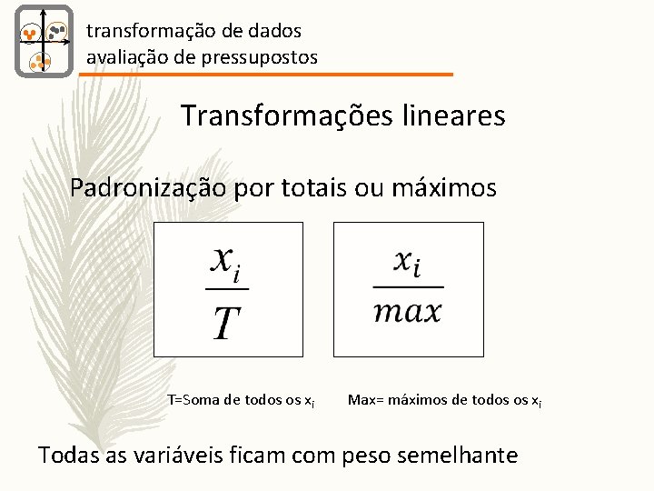 transformação de dados avaliação de pressupostos Transformações lineares Padronização por totais ou máximos T=Soma