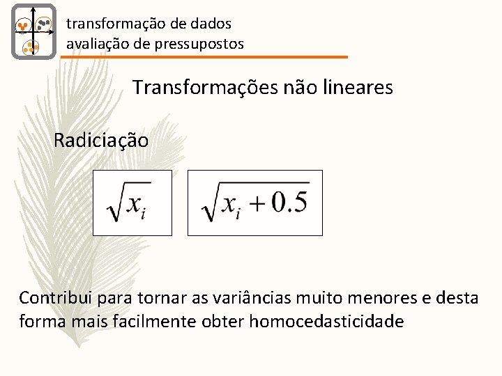 transformação de dados avaliação de pressupostos Transformações não lineares Radiciação Contribui para tornar as