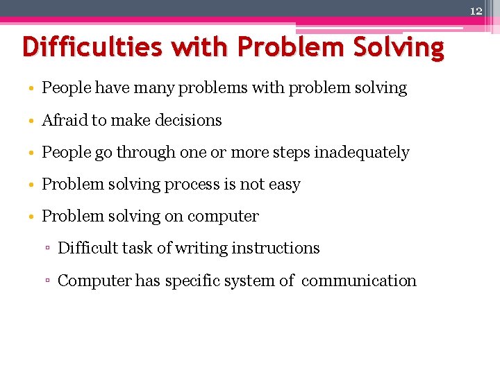 12 Difficulties with Problem Solving • People have many problems with problem solving •